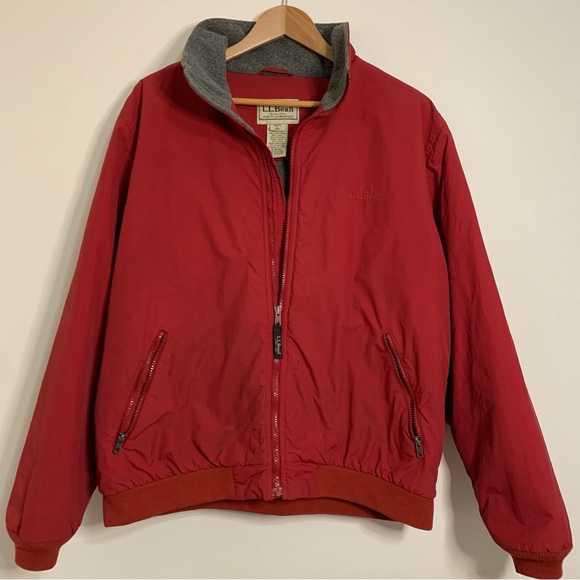 L.L. Bean Other - L.L. Bean Mens Sz Large Red Bomber Coat Jacket Gray Fleece Lining 0UF43 Vtg